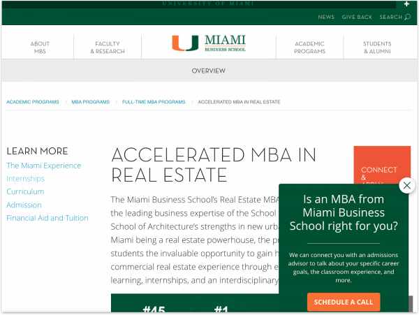 An example of personalized CTAs from Miami Herbert Business School